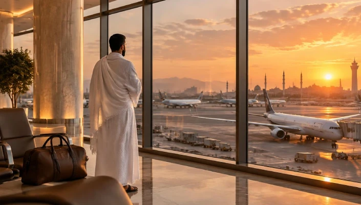 Hajj pilgrim at airport during sunset